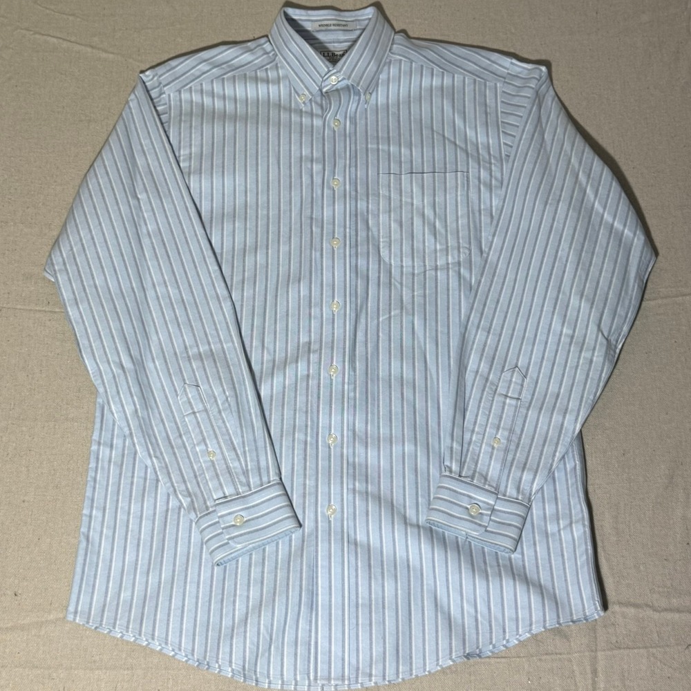 LL Bean Mens 15.5 36 Blue White Striped Wrinkle Resistant Cotton Oxford Shirt